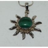 Large Malachite 925 silver sunburst pendant,