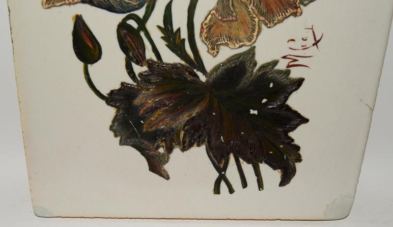 Pair of large hand decorated tiles with raised floral decoration signed by artist on front 8" x - Image 6 of 14
