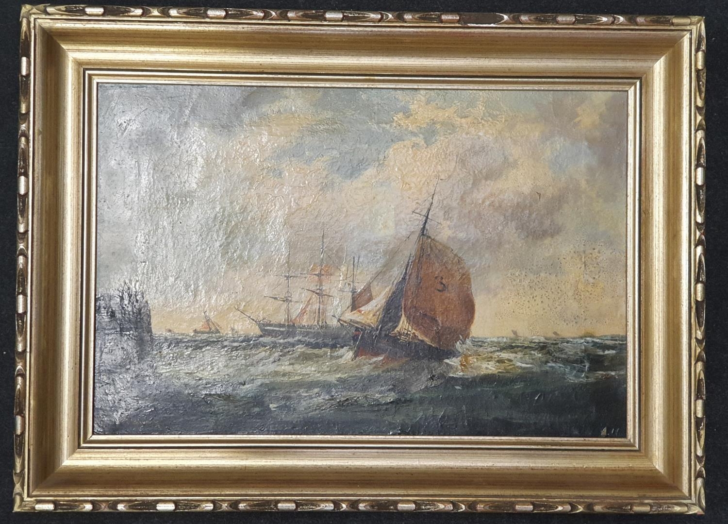 Framed and signed oil on canvas painting of ships on rough seas 41.5x57cm