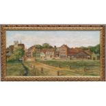 Gilt framed oil on board of local Wareham scene signed Roland Bullock 78x43cm.