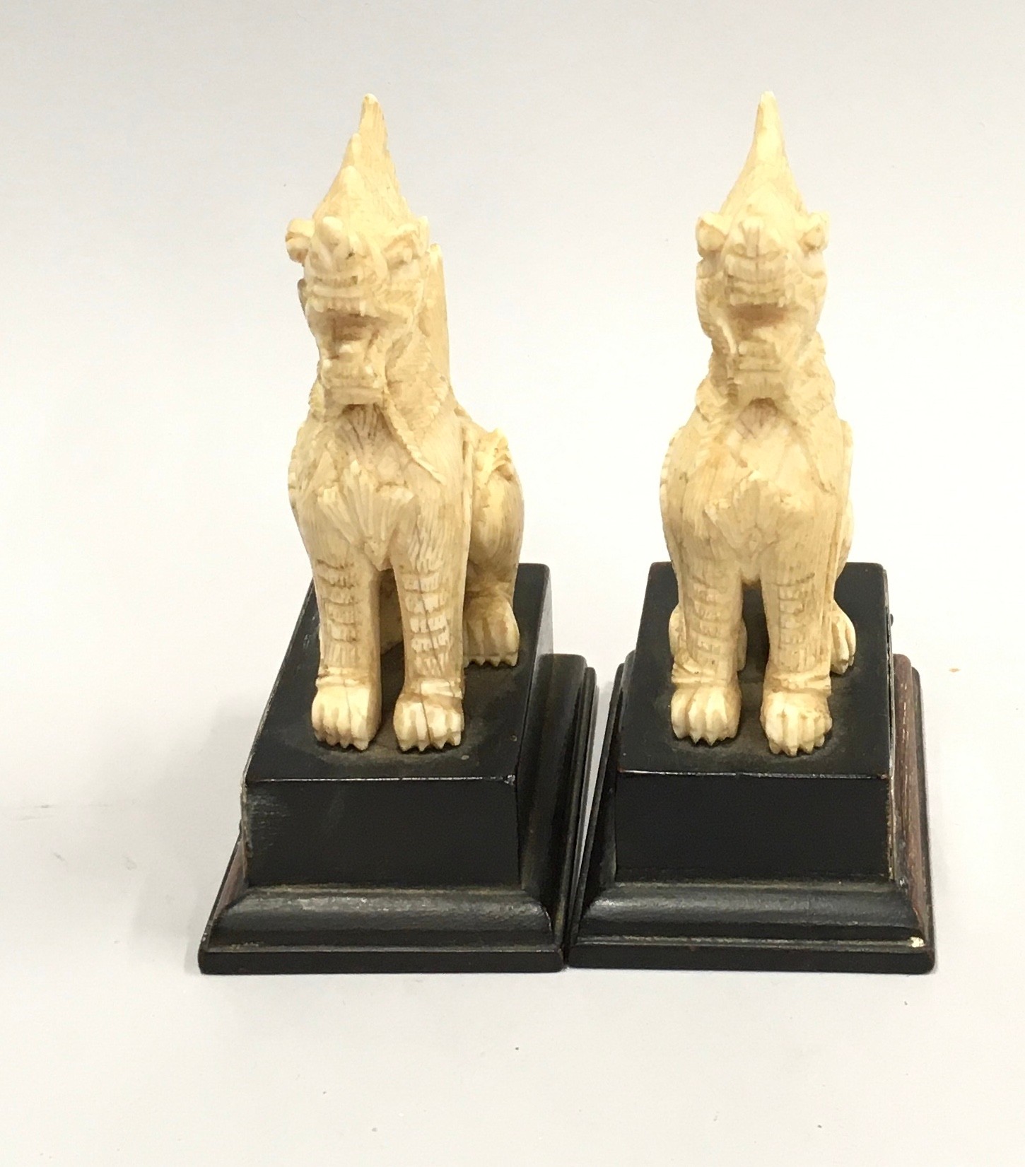 Pair oriental ivory Foo dogs with silver metal inscribed plates - Image 2 of 5