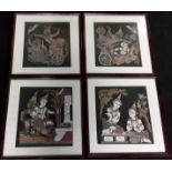 A set of four oriental silk pictures framed & glazed, each 39x39cm.