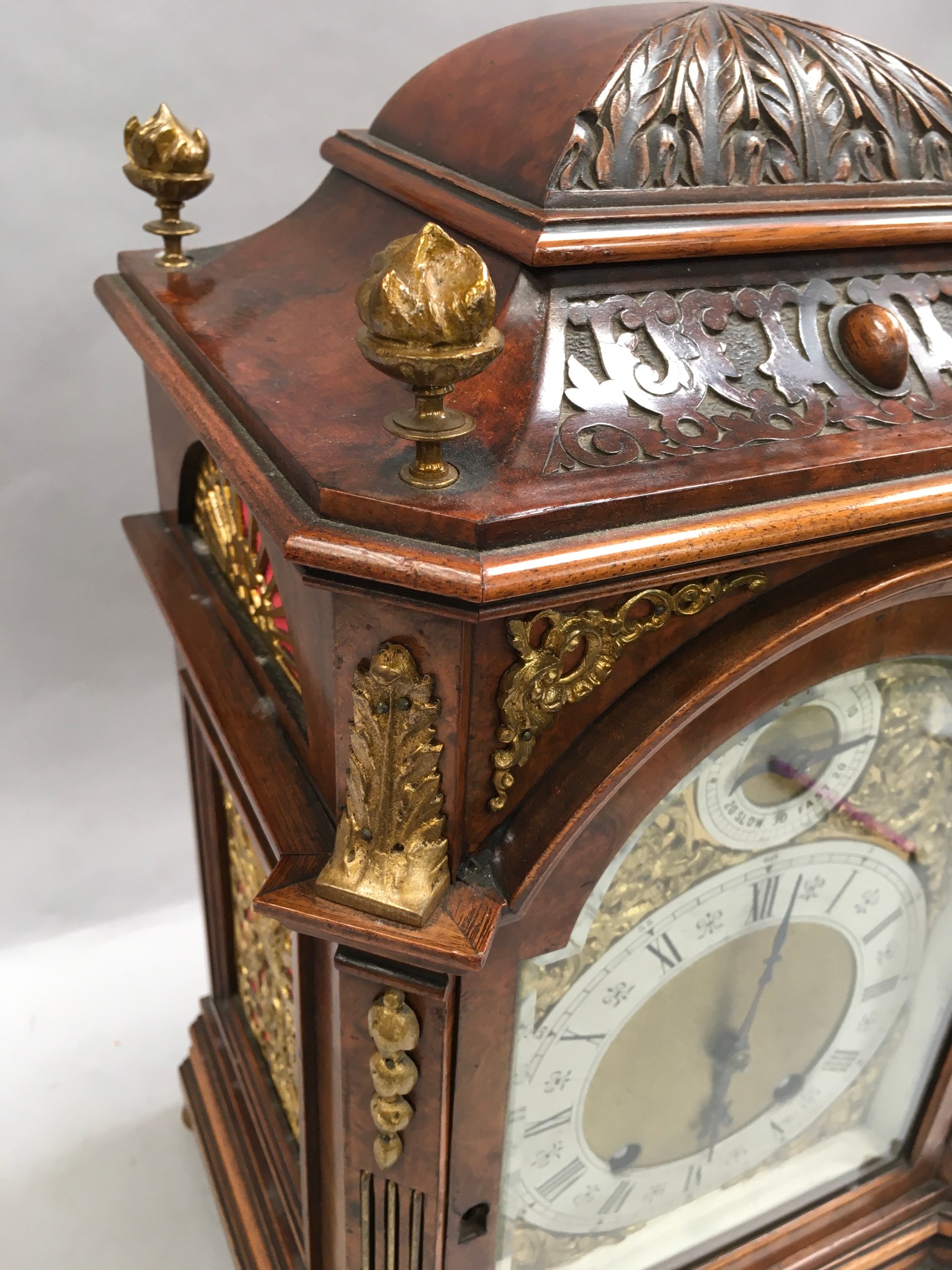 Walnut ormalu mounted striking bracket clock on brass feet with brass dial ,manufactured by - Image 8 of 9
