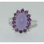 Lavender Jade and Amethyst 925 silver cluster ring, Size O.