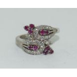 Diamond/Ruby (tested low ct white gold) cluster ring. Size M.