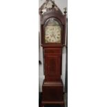 Mahogany inlaid long case clock with painted face ,winder and weights ,