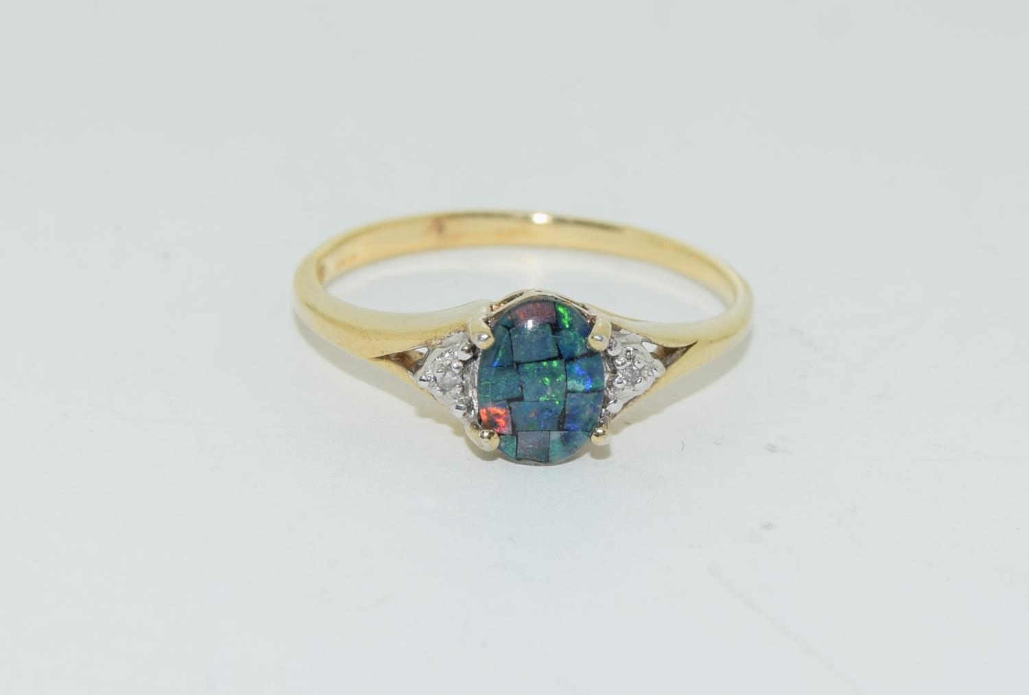 Australian black opal doublet accent diamond gold on silver ring, Size P.