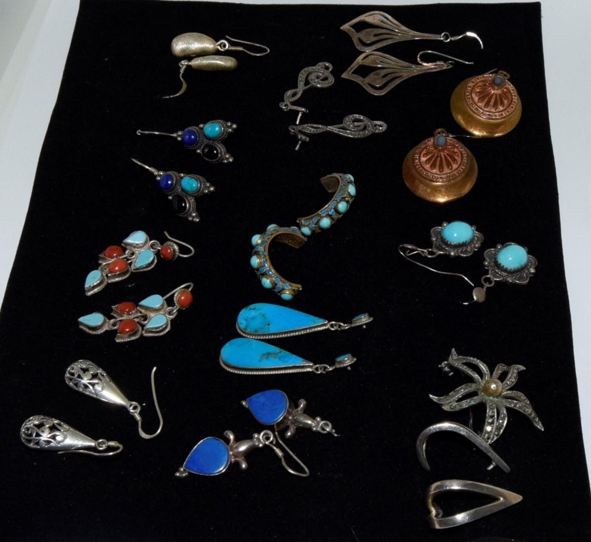 12 sets of silver and other earrings many with turquoise coral and semi precious set stones