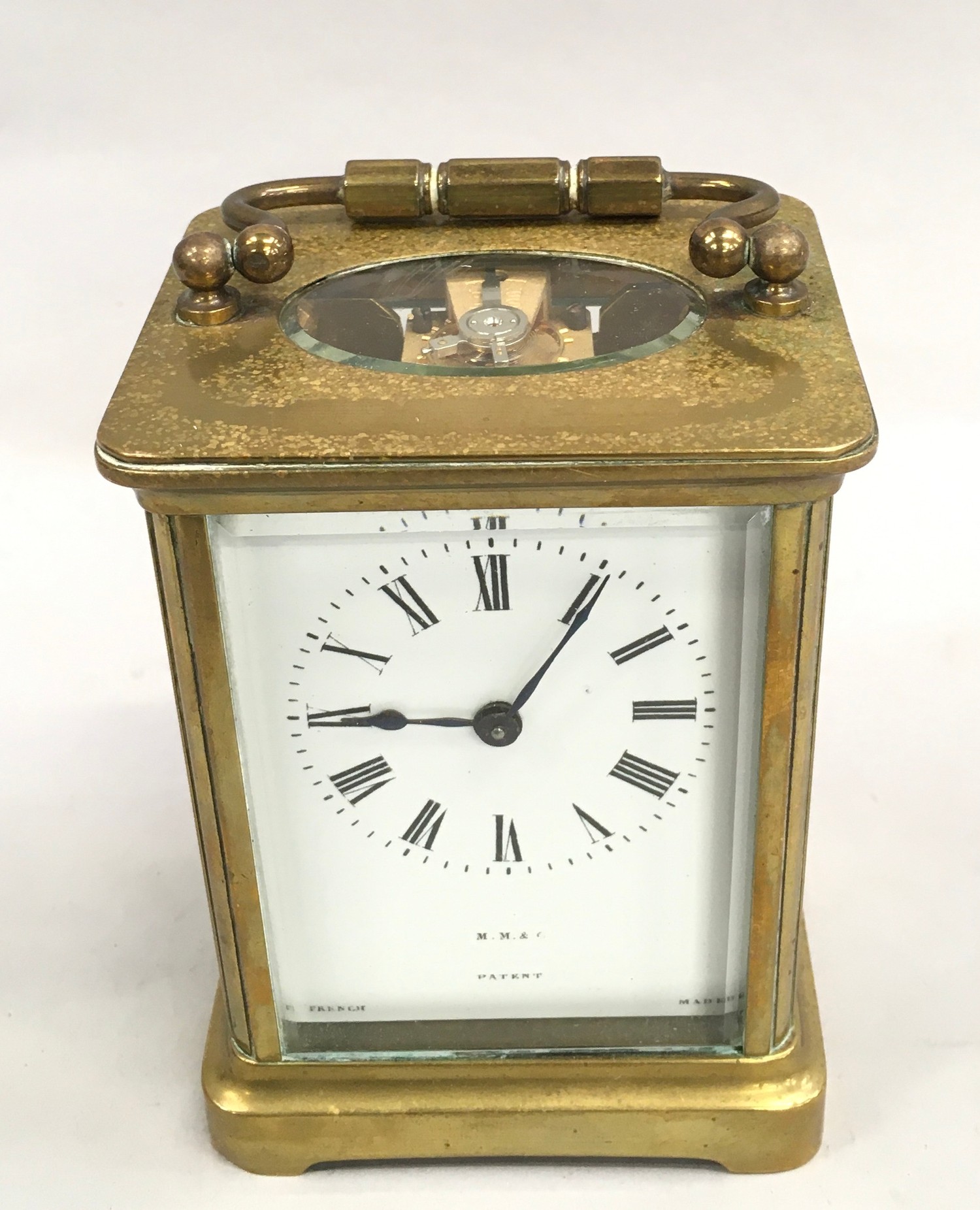 Brass cased carriage clock with key marked M.M.C France working - Image 6 of 6