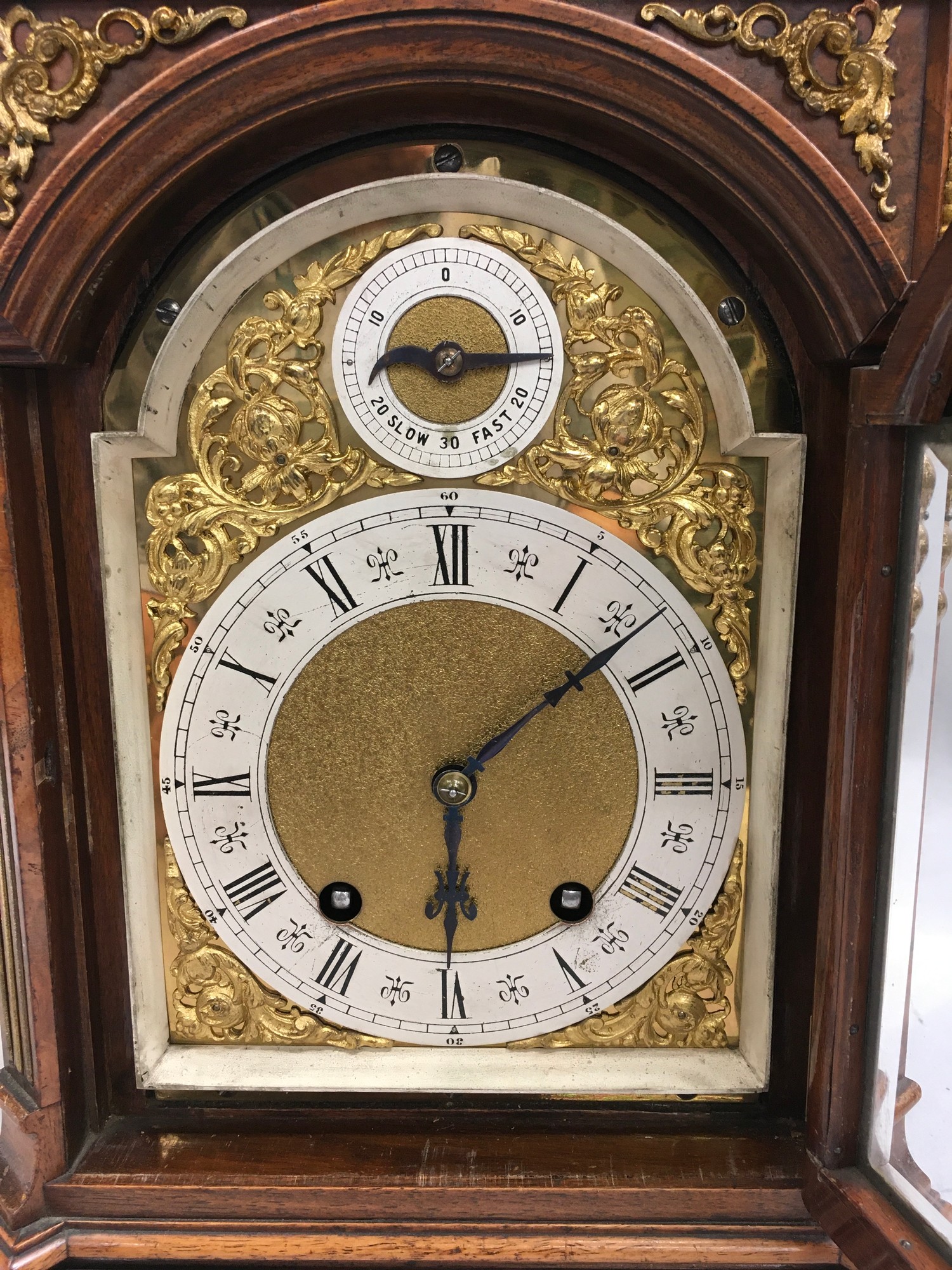 Walnut ormalu mounted striking bracket clock on brass feet with brass dial ,manufactured by - Image 3 of 9