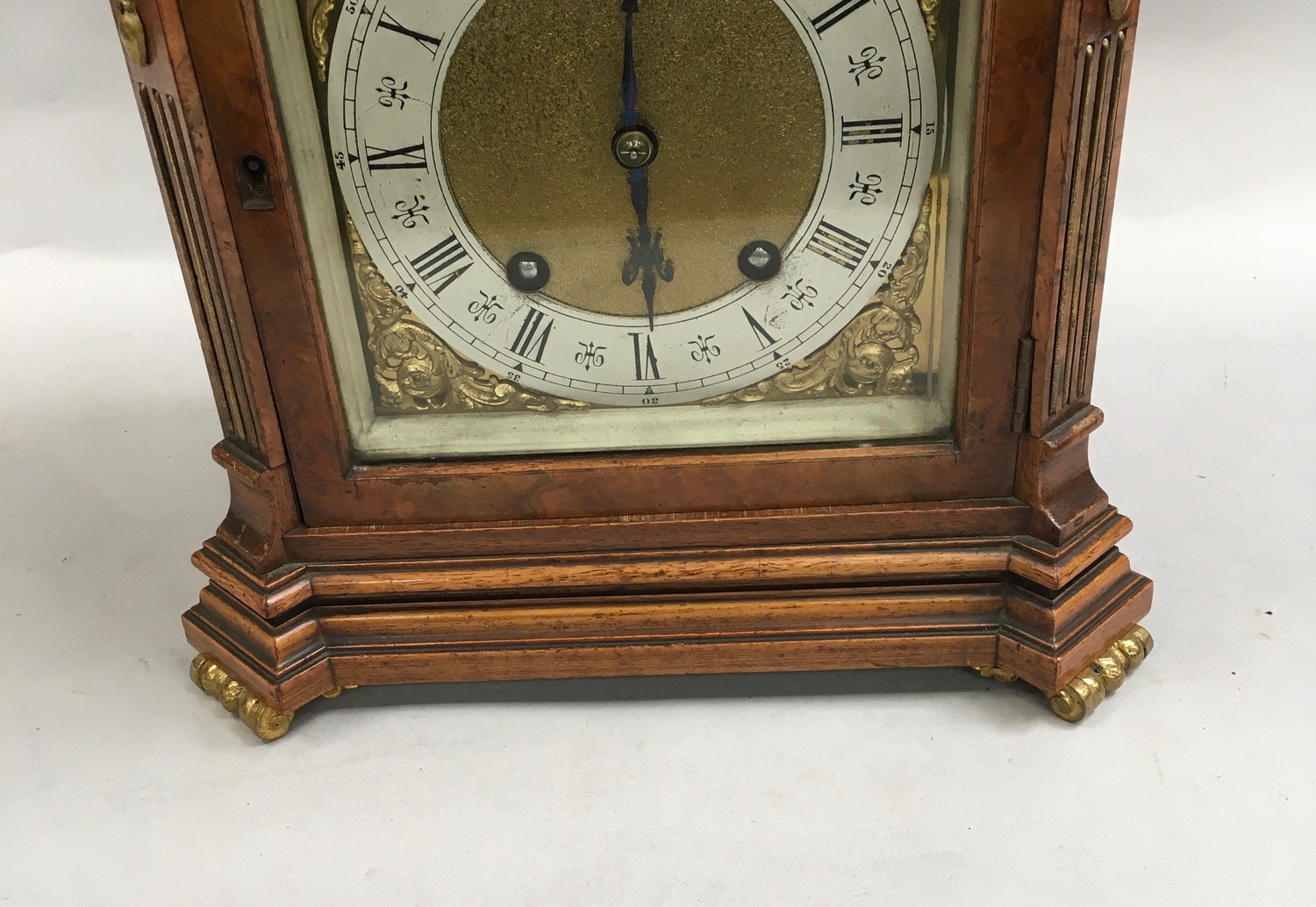 Walnut ormalu mounted striking bracket clock on brass feet with brass dial ,manufactured by - Image 7 of 9