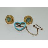 Pair 9ct gold turquoise earrings together with similar heart brooch.