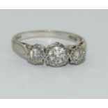 18ct white gold ladies three stone diamond ring, 80 points approx.