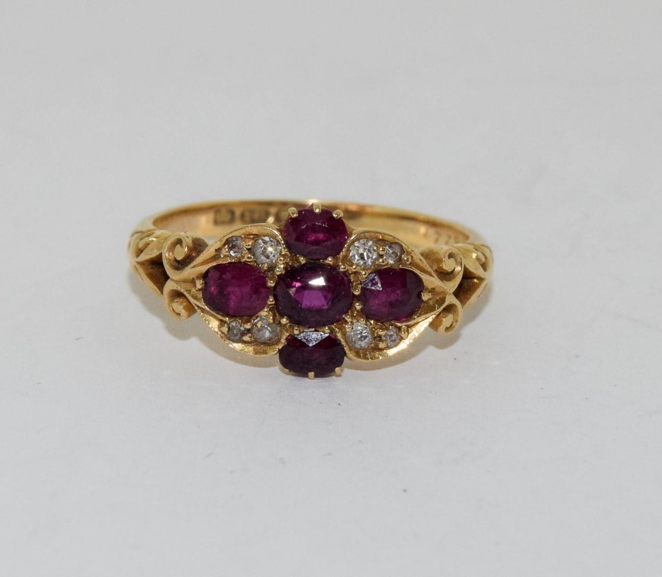 18ct gold ladies antique diamond and ruby ring size Q