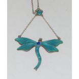 JA & S Art Deco silver and enamel dragonfly pendant Birmingham, 1918 with silver chain.