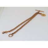 9ct gold double fit watch chain hall mark to each link with 18ct gold masonic fob ,37cm long 38gm