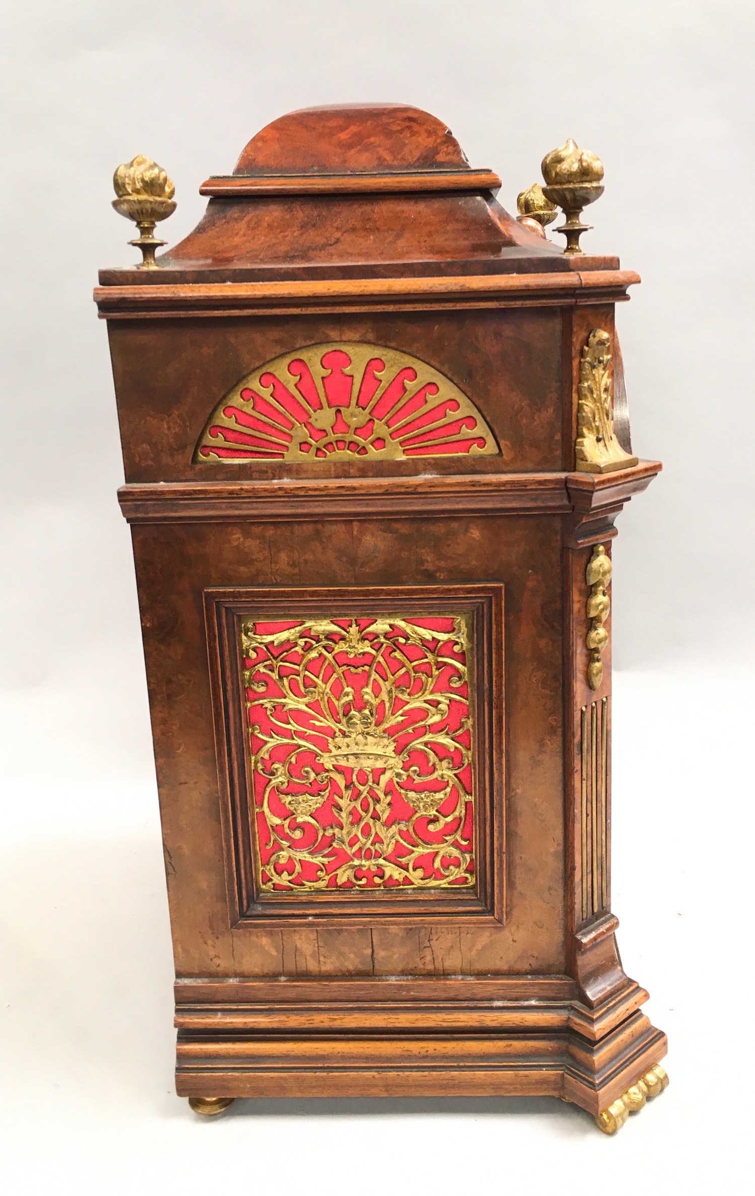 Walnut ormalu mounted striking bracket clock on brass feet with brass dial ,manufactured by - Image 4 of 9