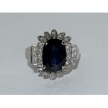 18ct white gold and Diamond/Sapphire (approx 2.5ct centre stone) Art Deco Style ring, Size P