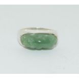 Carved Apple Jade 925 silver ring, Size O.