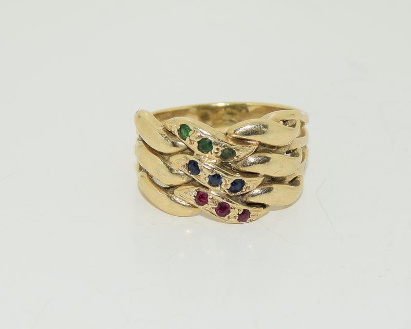 9ct gold mans twist ring set with sapphire ,garnet and emerald size P 7.5g - Image 6 of 6