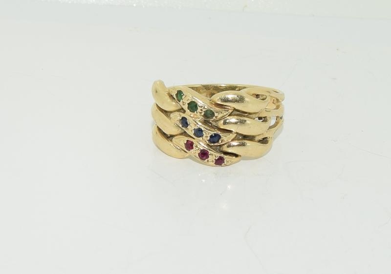 9ct gold mans twist ring set with sapphire ,garnet and emerald size P 7.5g
