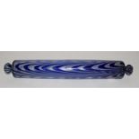 Nailsea blue & white feather hand blown glass rolling pin 15.5" length.