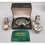 Boxed Seiko Kinetic gents wristwatch together with two others.