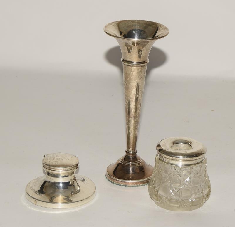 Silver tall posy vase ,silver ink well,and silver dressing table pot