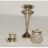Silver tall posy vase ,silver ink well,and silver dressing table pot