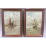 A pair of signed and framed oil on canvas pictures depicting ships each 38x27.5cm.