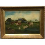 Gilt frame oil on canvas farmyard country scene signed "Ada Hunter" June 1896 95x70cm