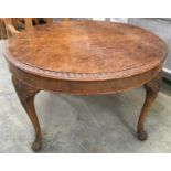 Walnut veneered round coffee table on cabriole legs with decorative carved edging 47cm tall 76cm