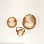 A 9ct gold cameo ring and two 9ct gold cameo brooches.