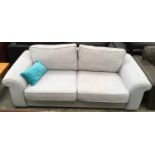 Modern three seater settee upholstered in baby blue fabric 210x95x70cm. Seat height 42cm.