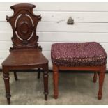 Victorian oak decorative parlour chair together with a modern pine stool.