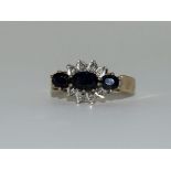 9ct gold 3 stone sapphire ring size O