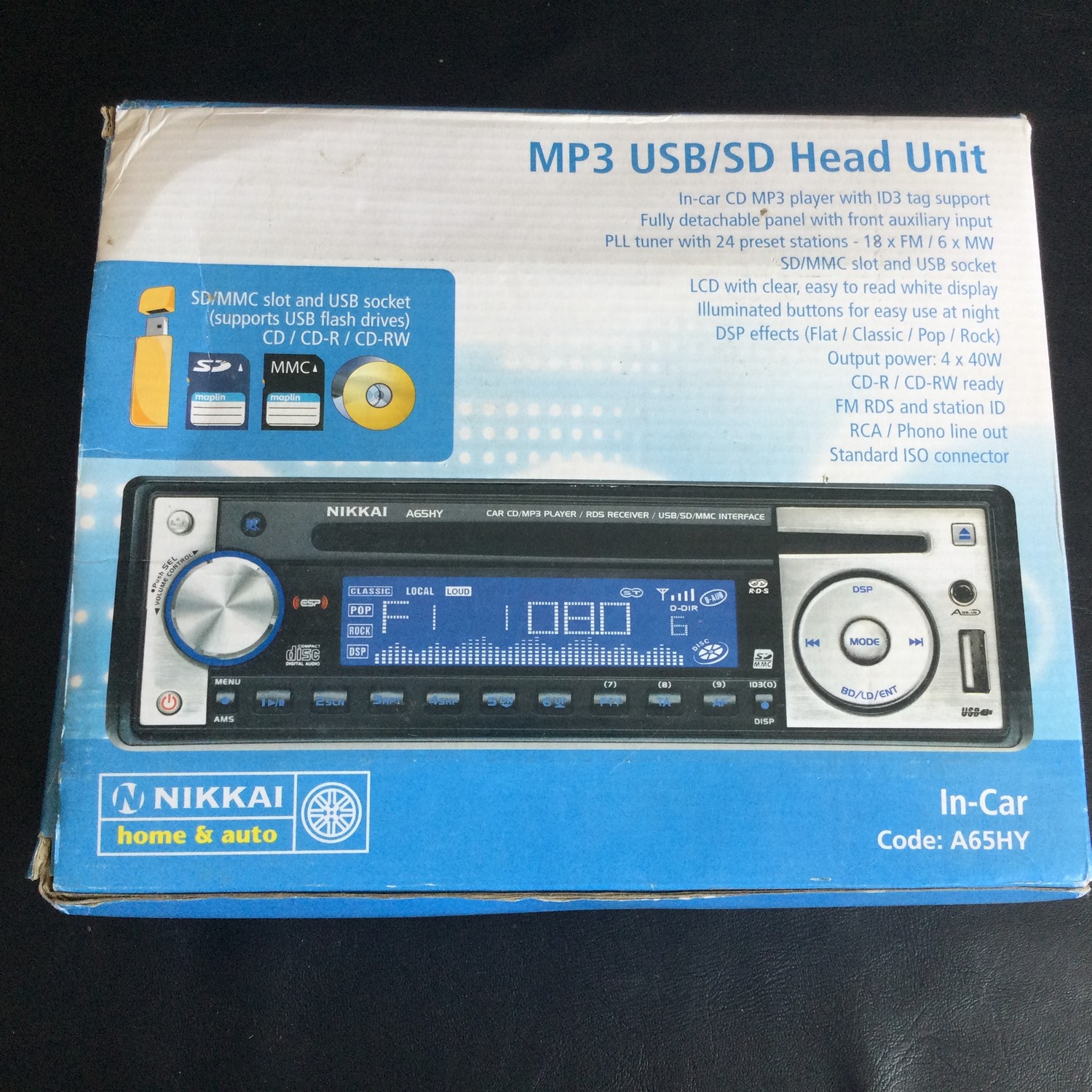 NIKKAI A64HY CAR STEREO. This head unit is model number A64HY and incorporates MP3 / USB/SD / CD and