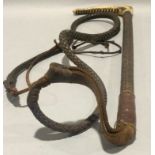 Vintage leather riding school whip,with horn handle