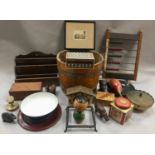 Box of mixed collectables to include antique oak brass banded barrel, vintage abacus and other