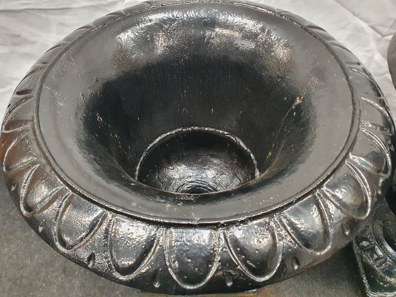 A pair of black painted cast iron Griechen style garden urns 59cm high 52cm diameter. - Image 3 of 6