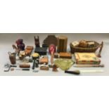 Box of mixed collectables including Japanese laquer box, wooden figures, box of "La Tropical De