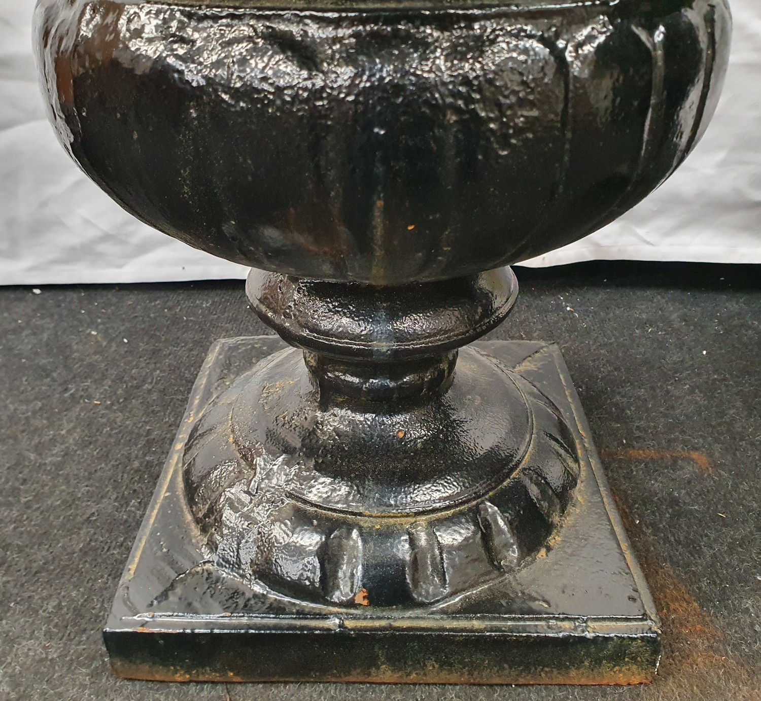 A pair of black painted cast iron Griechen style garden urns 59cm high 52cm diameter. - Image 2 of 6