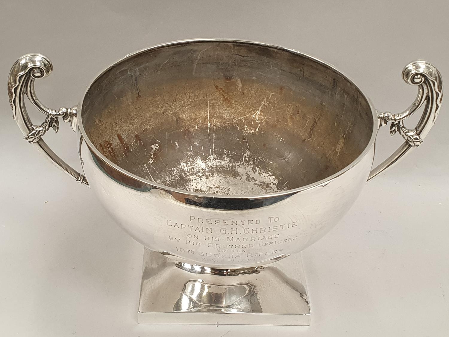 Sterling silver trophy bowl with military engraving - Gurrkas - Sheffield 1929 by Mappin & Webb with - Image 2 of 9