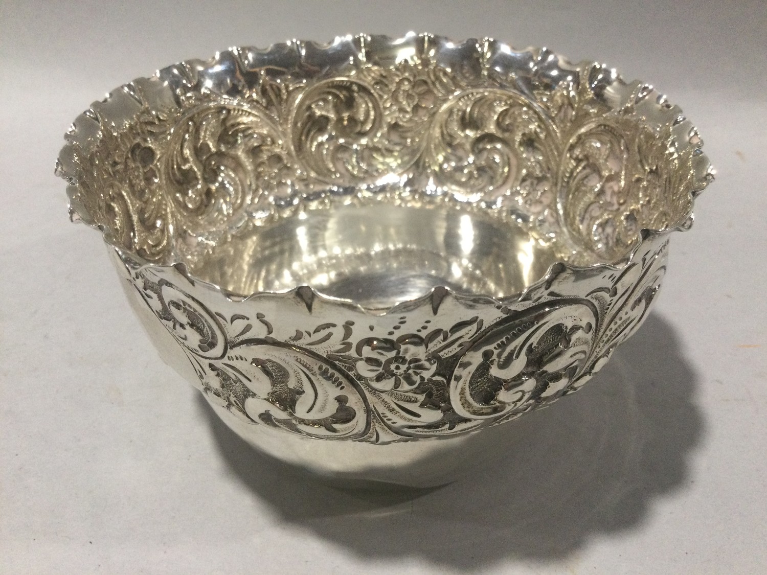 Silver hallmarked embossed bowl with fluted rim weight 170g. - Image 3 of 4