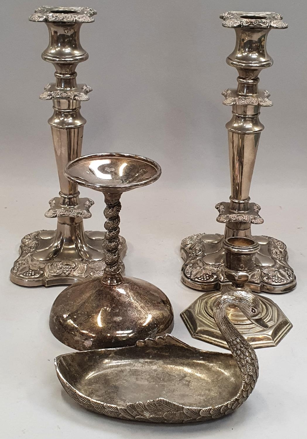 Pair of large silver plated candlesticks and others