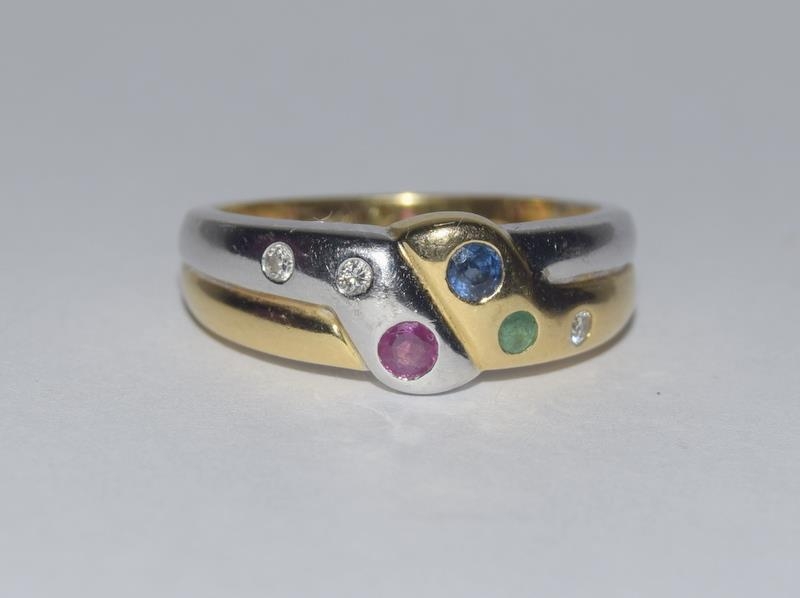 18ct gold two tone snake style ring contains Rubies, Sapphire, Emerald and Diamond size O