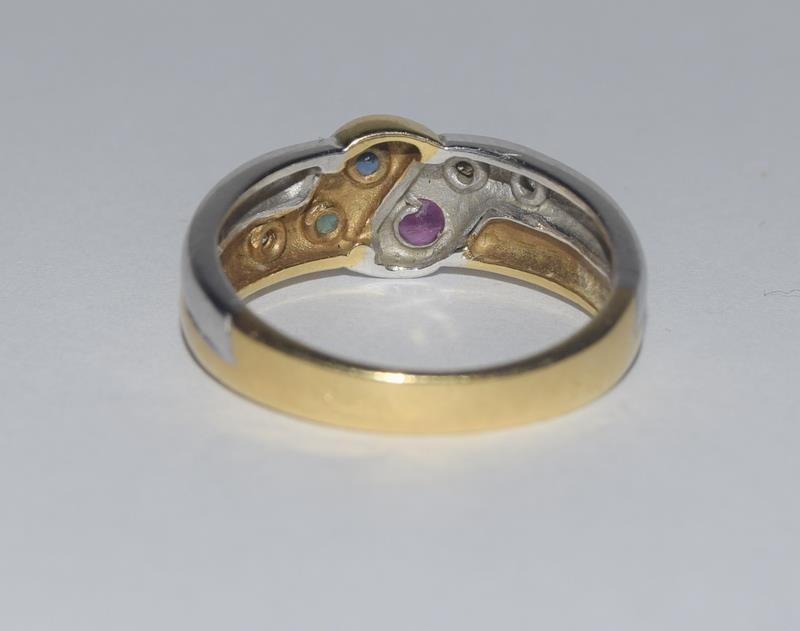 18ct gold two tone snake style ring contains Rubies, Sapphire, Emerald and Diamond size O - Image 3 of 3