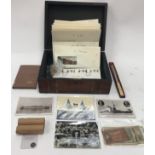 Tunbridge wear box with a quantity of mix coinage stamps and postcards