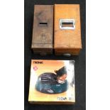 Boxed Tronic automatic pet feeder together with two vintage cash registers.