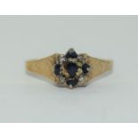 9ct gold ladies diamond and sapphire cluster ring size R